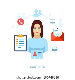 Contacts managements, address book, task delegation, phone numbers and email addresses flat icons vector illustration.