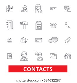 Contacts, partners, communication, correspondence, connection, information line icons. Editable strokes 