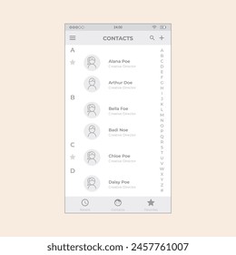 Contacts Screen mobile wireframe. Vector design editable for mobile, with graphic details ready for ux and ui projects.
