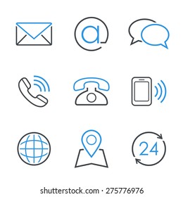 Contacts simple vector icon set - envelope, email, chat, telephone, mobile phone, map, globe and business hours