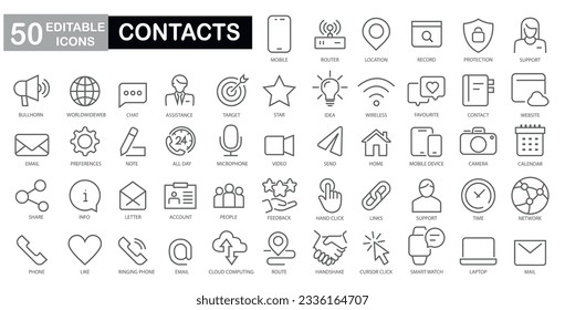 Conjunto de 59 iconos web Contact Us en estilo de línea. Icono web y móvil. Chat, soporte, mensaje, teléfono. Ilustración vectorial. Paquete de iconos de contacto. Iconos de línea delgada configurados. Conjunto de colecciones de flaticonos. Vector simple