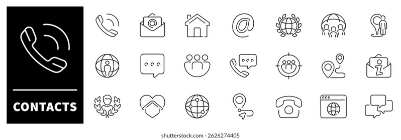 Contacts vector icons. Contacts thin line icons collection. E-mail, phone, address, customer service, call, message, website. Contact symbols