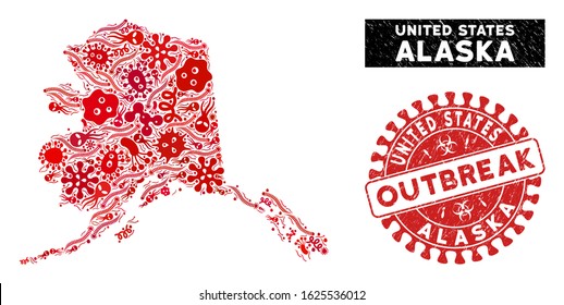 Contagion collage Alaska map and red corroded stamp watermark with OUTBREAK badge. Alaska map collage composed with random infection items. Red rounded OUTBREAK watermark with dirty texture.