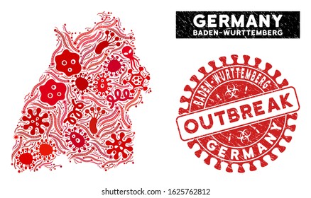 Contagion collage Baden-Wurttemberg Land map and red distressed stamp watermark with OUTBREAK caption. Baden-Wurttemberg Land map collage constructed with randomized contagious icons.