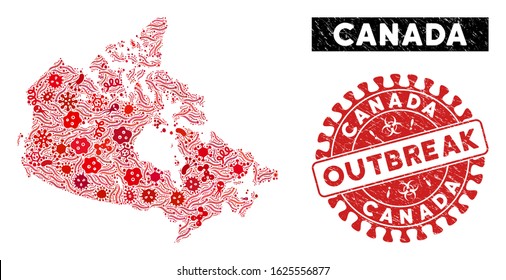 Contagion collage Canada map and red distressed stamp watermark with OUTBREAK badge. Canada map collage designed with scattered contagion items. Red rounded OUTBREAK seal stamp with dirty texture.