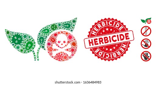 Contagion Collage Herbicide Icon And Round Rubber Stamp Watermark With Herbicide Text. Mosaic Vector Is Formed With Herbicide Icon And With Random Microbe Symbols. Herbicide Stamp Uses Red Color,