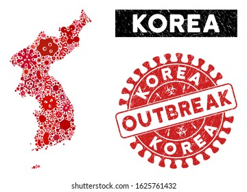 Contagion collage Korea map and red grunge stamp seal with OUTBREAK message. Korea map collage constructed with randomized contagion symbols. Red round OUTBREAK seal with unclean texture.