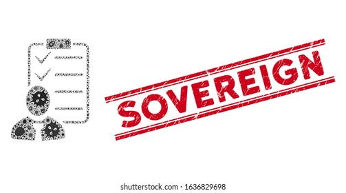 Contagion collage manager check list icon and red Sovereign stamp between double parallel lines. Mosaic vector is formed with manager check list pictogram and with randomized contagion elements.