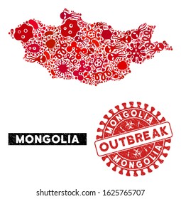 Contagion collage Mongolia map and red grunge stamp seal with OUTBREAK phrase. Mongolia map collage constructed with scattered contagious elements. Red round OUTBREAK seal stamp with grunge texture.