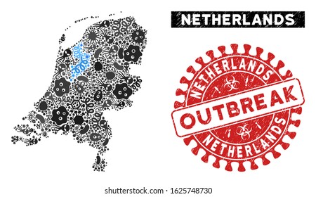 Contagion collage Netherlands map and red corroded stamp seal with OUTBREAK message. Netherlands map collage designed with randomized contagion items. Red round OUTBREAK stamp with dirty texture.