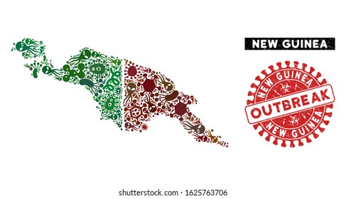 Contagion collage New Guinea countries map and red distressed stamp seal with OUTBREAK badge. New Guinea countries map collage formed with random contagious icons.