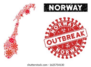 Contagion collage Norway map and red grunge stamp seal with OUTBREAK text. Norway map collage created with randomized flu items. Red rounded OUTBREAK stamp with distress texture.