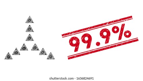Contagion collage outside direction triangles icon and red 99.9% seal stamp between double parallel lines.