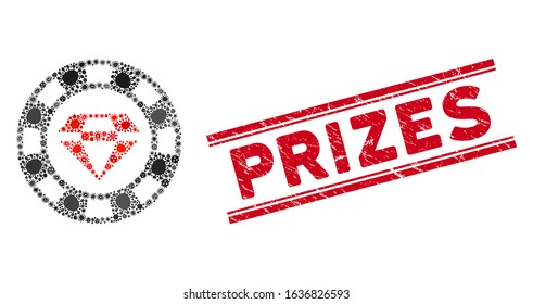 Contagion collage ruby casino chip icon and red Prizes seal stamp between double parallel lines. Mosaic vector is formed with ruby casino chip icon and with randomized pathogen objects.