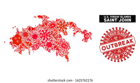Contagion collage Saint John Island map and red corroded stamp seal with OUTBREAK message. Saint John Island map collage designed with random microbe cell elements.