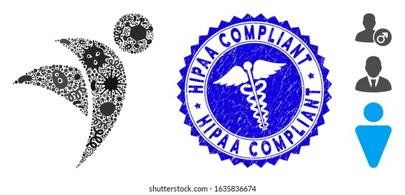 Contagion collage winged man icon and round distressed stamp watermark with Hipaa Compliant text and healthcare icon.