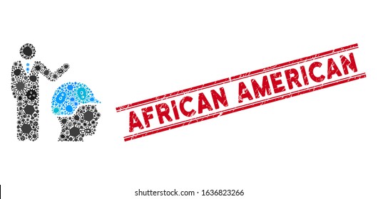 Contagion mosaic builder management icon and red African American seal stamp between double parallel lines. Mosaic vector is composed from builder management icon and with random virus icons.