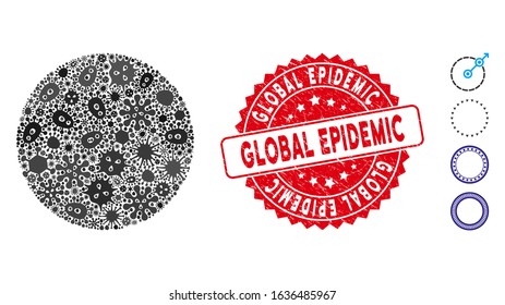 Contagion mosaic circle icon and rounded rubber stamp seal with Global Epidemic caption. Mosaic vector is designed with circle icon and with randomized microbe cell objects.