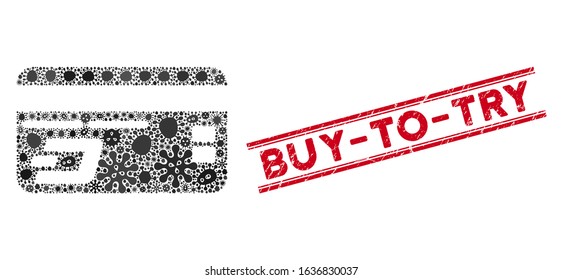 Contagion mosaic Dash bank card icon and red Buy-To-Try seal between double parallel lines. Mosaic vector is created with Dash bank card icon and with random viral objects.