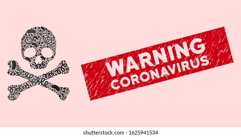 Contagion mosaic death icon and rectangular grunge stamp seal with Warning Coronavirus caption. Mosaic vector is formed with death pictogram and with random bacterium items.