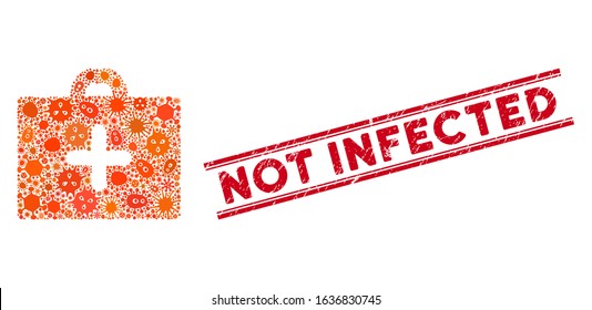 Contagion mosaic first aid icon and red Not Infected seal between double parallel lines. Mosaic vector is formed with first aid pictogram and with scattered contagion items.