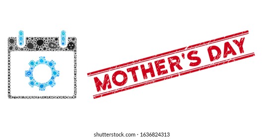 Contagion mosaic gear options calendar day icon and red Mother'S Day seal between double parallel lines.