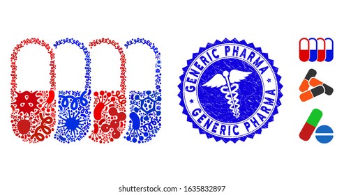 Contagion mosaic generic pharma icon and round distressed stamp watermark with Generic Pharma phrase and medic sign.