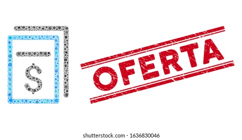 Contagion mosaic invoices icon and red Oferta seal stamp between double parallel lines. Mosaic vector is designed with invoices icon and with scattered virus objects. Oferta stamp uses red color,