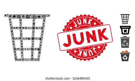 Contagion mosaic junk icon and rounded grunge stamp seal with Junk phrase. Mosaic vector is created with junk icon and with random epidemic symbols. Junk stamp seal uses red color, and grunge texture.