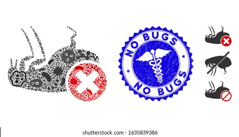 Contagion mosaic kill flea icon and round rubber stamp seal with No Bugs caption and health care icon. Mosaic vector is composed with kill flea icon and with scattered contagion items.