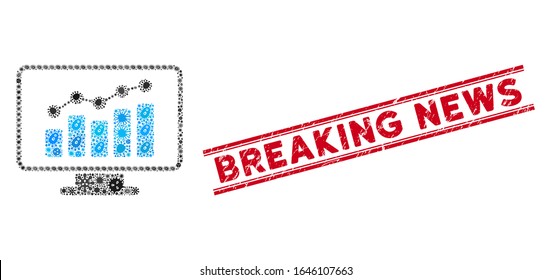 Contagion mosaic monitoring icon and red Breaking News seal stamp between double parallel lines. Mosaic vector is created with monitoring icon and with scattered infection icons.