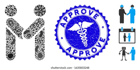 Contagion mosaic persons handshake icon and rounded rubber stamp seal with Approve text and medicine icon.