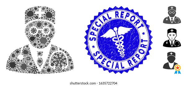 Contagion mosaic physician icon and rounded distressed stamp seal with Special Report phrase and medic icon. Mosaic vector is created from physician icon and with random pathogen items.