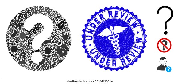 Contagion mosaic query icon and rounded rubber stamp seal with Under Review caption and serpents sign. Mosaic vector is formed with query icon and with scattered bacteria items.