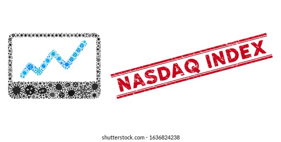 Contagion mosaic stock market chart icon and red Nasdaq Index stamp between double parallel lines. Mosaic vector is formed with stock market chart icon and with randomized contagious objects.