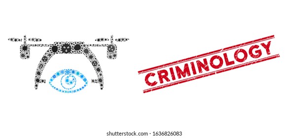 Contagion mosaic video spy drone icon and red Criminology stamp between double parallel lines. Mosaic vector is formed with video spy drone icon and with random microbe objects.