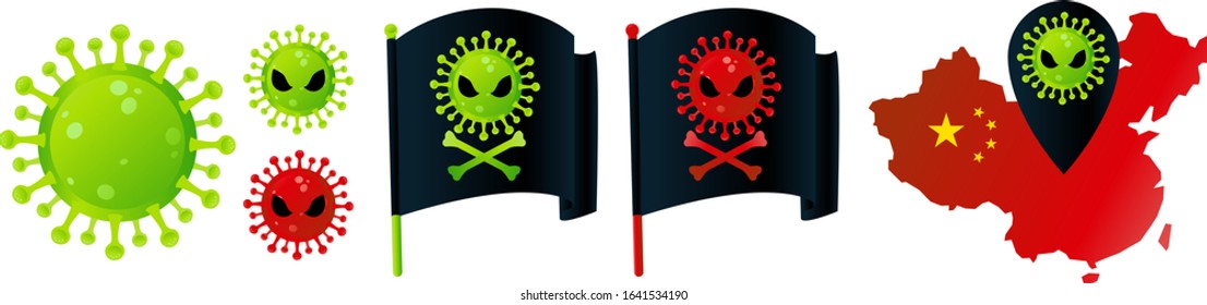 Contagious Chinese coronavirus threat flat illustrations set. Green and red bacteria cells with alien faces. Stylized black pirates flags with crossed bones and China map Wuhan flu symbol