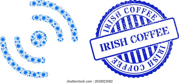 Contagious collage air cooler rotation icon, and grunge IRISH COFFEE seal stamp. Air cooler rotation collage for pandemic templates, and dirty round blue seal imitation.