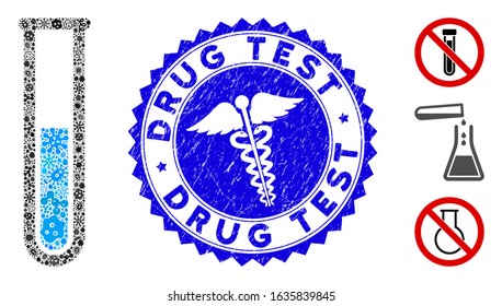 Contagious collage blue liquid test tube icon and rounded rubber stamp seal with Drug Test phrase and medical icon.