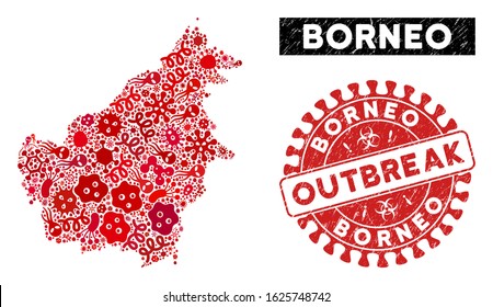 Contagious collage Borneo Island map and red grunge stamp watermark with OUTBREAK caption. Borneo Island map collage created with scattered contagion symbols.