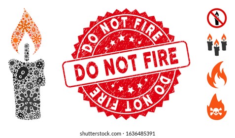 Contagious collage candle icon and round distressed stamp seal with Do Not Fire text. Mosaic vector is created with candle pictogram and with randomized contagious items.