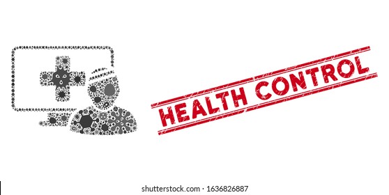 Contagious collage computer patient icon and red Health Control seal stamp between double parallel lines. Mosaic vector is formed with computer patient icon and with randomized flu symbols.