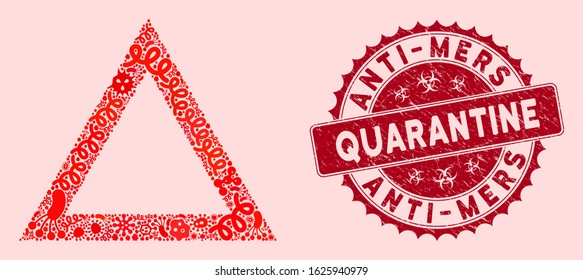 Contagious collage contour triangle icon and round distressed stamp seal with Anti-Mers Quarantine text. Mosaic vector is formed with contour triangle icon and with random bacteria elements.