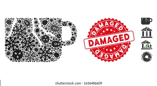 Contagious collage damaged cup icon and round grunge stamp seal with Damaged caption. Mosaic vector is designed with damaged cup icon and with scattered bacteria icons. Damaged seal uses red color,