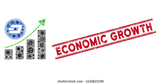 Contagious collage Dash growing chart icon and red Economic Growth seal stamp between double parallel lines. Mosaic vector is formed with Dash growing chart icon and with random flu items.