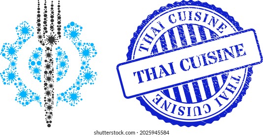 Contagious Collage Food Hitech Icon, And Grunge THAI CUISINE Seal Stamp. Food Hitech Collage For Isolation Images, And Rubber Round Blue Watermark.