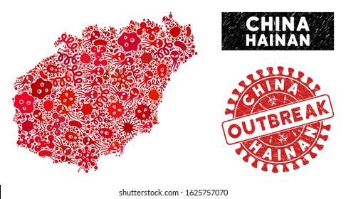 Contagious collage Hainan Island map and red grunge stamp watermark with OUTBREAK text. Hainan Island map collage composed with scattered pathogen items.
