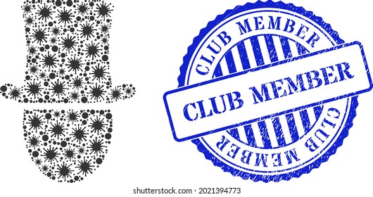 Ansteckende Collage, die Mann-Ikone und grunge CLUB-MITGLIED-Siegel. Hat Mann sammelt für medizinische Vorlagen und kratzte rund blaue Robbenimitierung.