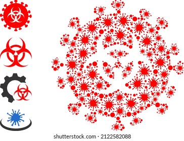 Contagious collage hazard virus icon, and more icons. Hazard virus collage for medical images. Vector collage is organized of scattered Covid-2019 elements.