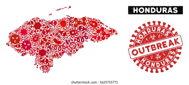 Contagious collage Honduras map and red grunge stamp seal with OUTBREAK words. Honduras map collage designed with random pathogen icons. Red rounded OUTBREAK stamp with grunge texture.